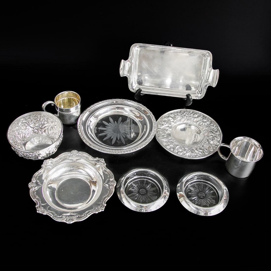 Box Lot of Sterling Silver Table Top Items, Nine Total Pieces: Box Lot of Sterling Silver Table Top Items, Nine Total Pieces, Includes One Sterling Silver Tray, .5" High, 8.5" Wide, 4.5" Deep; Along with One Frank M. Whitting Circular Wine Coaster, Having Glass B