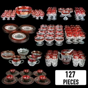 Large Collection of Tiffin-Franciscan King's Crown Cranberry Flashed Glassware, 127 Pieces Total
