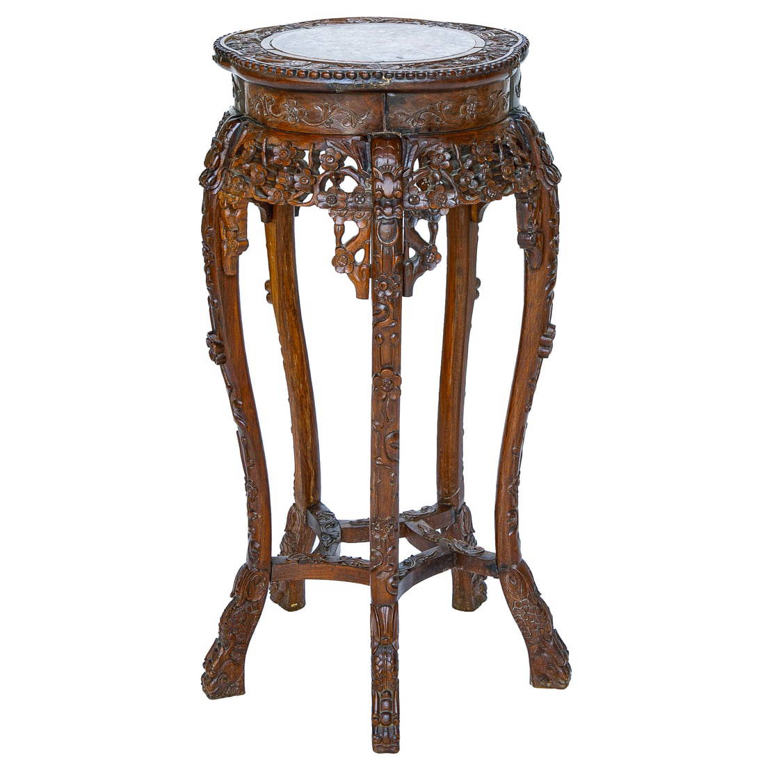 Late 19th C. Chinese Carved Teak Wood Marble Top Stand