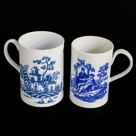 Late 18th/Early 19th C. Blue and White English Worcester Porcelain Tankards, Two Total Pieces
