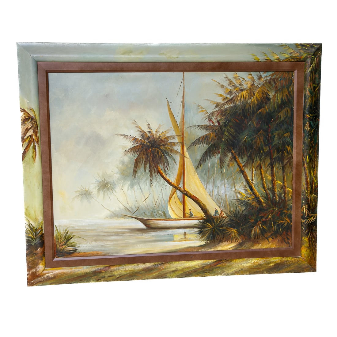 S. Parson Tropical Seascape, Oil on Canvas: S. Parson Tropical Seascape, Oil on Canvas, Depicting Sailboat with Passengers, on Water Among Palm Trees, Signed Lower Right, Housed in Unique Frame Featuring Brown Border and Outer Frame Painted to
