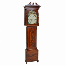 Late 19th C. English Mahogany Sheraton Style Tall Case Clock