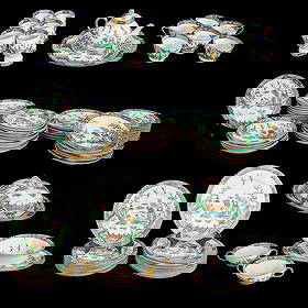 Crown Staffordshire English Porcelain Partial Dinner Service in Ye Olde Willow Pattern: Crown Staffordshire English Porcelain Partial Dinner Service in Ye Olde Willow Pattern, 89 Total Pieces, Some Pieces Made Specifically for Tiffany and Company, New York, Includes Ten (10) Dinner Plate