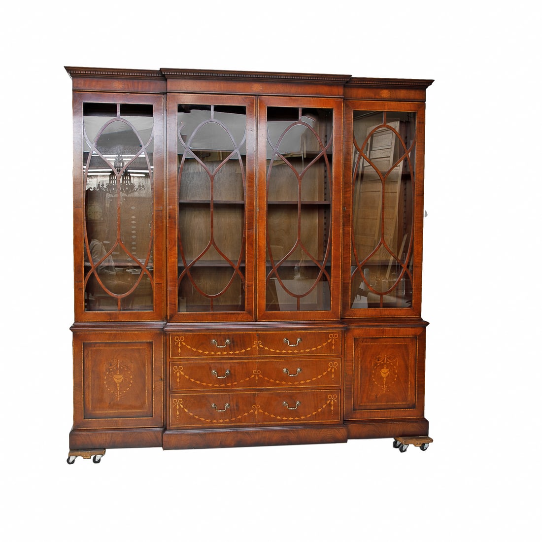 English Bench Made Custom Reproduction Inlaid Mahogany Breakfront Bookcase (1 of 10)