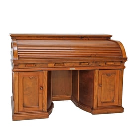 Late 19th C. American Carved Oak Wooten Rotary Low C Roll Top Desk