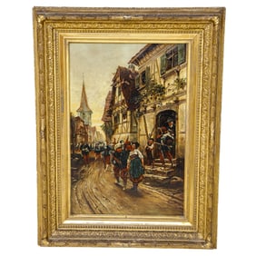 19th C. Village Scene, Oil on Canvas, Depicting Young Soldier Saying Goodbye