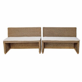 Woven Rattan Benches, Pair