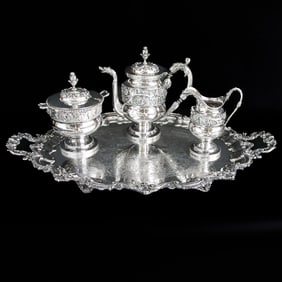 19th C. Samuel Kirk American Coin Silver Silver Tea Set and Companion Serving Tray, Four Total Piece
