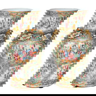 19th C. Chinese Export Rose Medallion Porcelain Vases, Pair: 19th C. Chinese Export Rose Medallion Porcelain Vases, Pair, Having Floral Top and Bottom Rim, Neck Features Figural Village