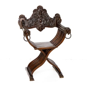 Late 19th C. Italian Carved Walnut Folding Savonarola Armchair