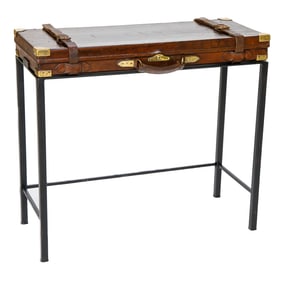 Rare 19th C. English Tobacco Brown Leather Double Gun Case on Stand