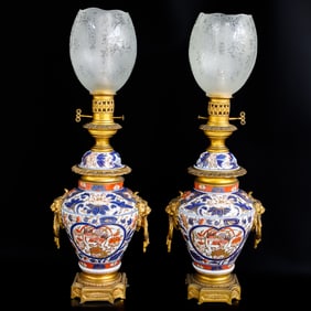 Late 18th/Early 19th C. Japanese Imari Oil Lamps, Pair