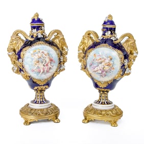 Cobalt Blue and Gold Porcelain Urns with Lids, Pair