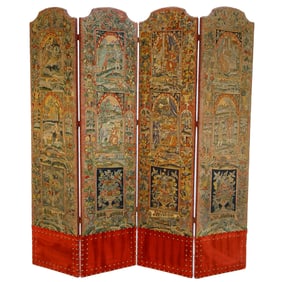 Vintage English Needlepoint and Velvet Four Panel Room Divider