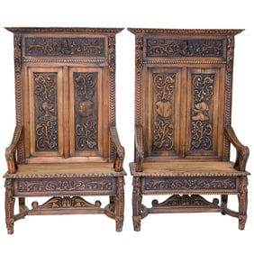 19th C. Carved Oak French Renaissance Style Hall Benches, Pair