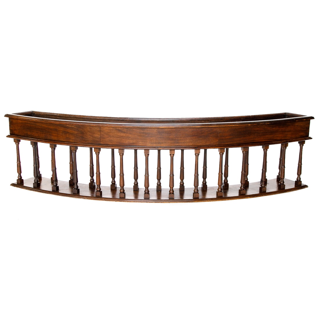 Late 19th C. French Walnut Provincial Style Curved Jardiniere: Late 19th C. French Walnut Provincial Style Curved Jardiniere, Having Molded Edge, Curved Body, Resting on Turned Spindles, Twenty-Six (26) Total, Terminating in Molded Base. 24.5" High, 99" Wide, 12"