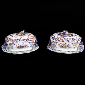 19th C. Spode Newstone Imari Style Pattern Sauce Tureens, Pair
