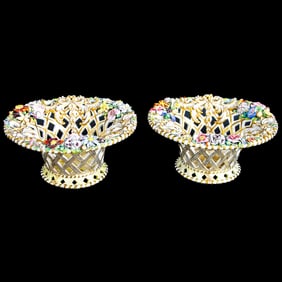 English Porcelain Derby Reticulated Basket Bowls, Pair
