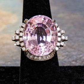 Platinum Kunzite and Diamond Ring, Size 7.75