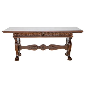 Antique Italian Carved Mahogany Library/Trestle Table