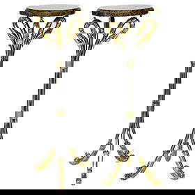 Vintage Maitland-Smith Swan Neck Plant Stands, Pair: Vintage Maitland-Smith Swan Neck Plant Stands, Pair, Discontinued, Having Circular Variegated Marble Veneer Top, Triple Brass Swan Neck Supports Atop Patinated Metal Legs, Brass Wire Bandings, Termina