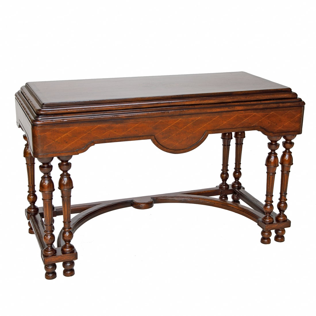 Vintage John-Richard Acacia Wood Inlaid Console Table: Vintage John-Richard Acacia Wood Inlaid Console Table, Having Central Inlaid Star on Top Surrounded by Diamond Shape Inlays, Thick Molded Edge Top, Shaped Apron, Sides Having Diamond Shape Inlays, Res