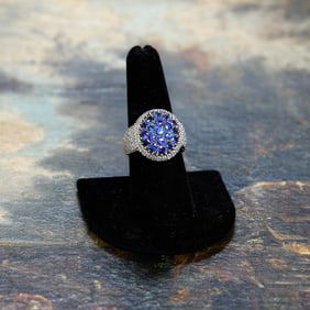 Mouawad, 18K White Gold Blue Sapphire and Natural Diamond Ring, Size 8
