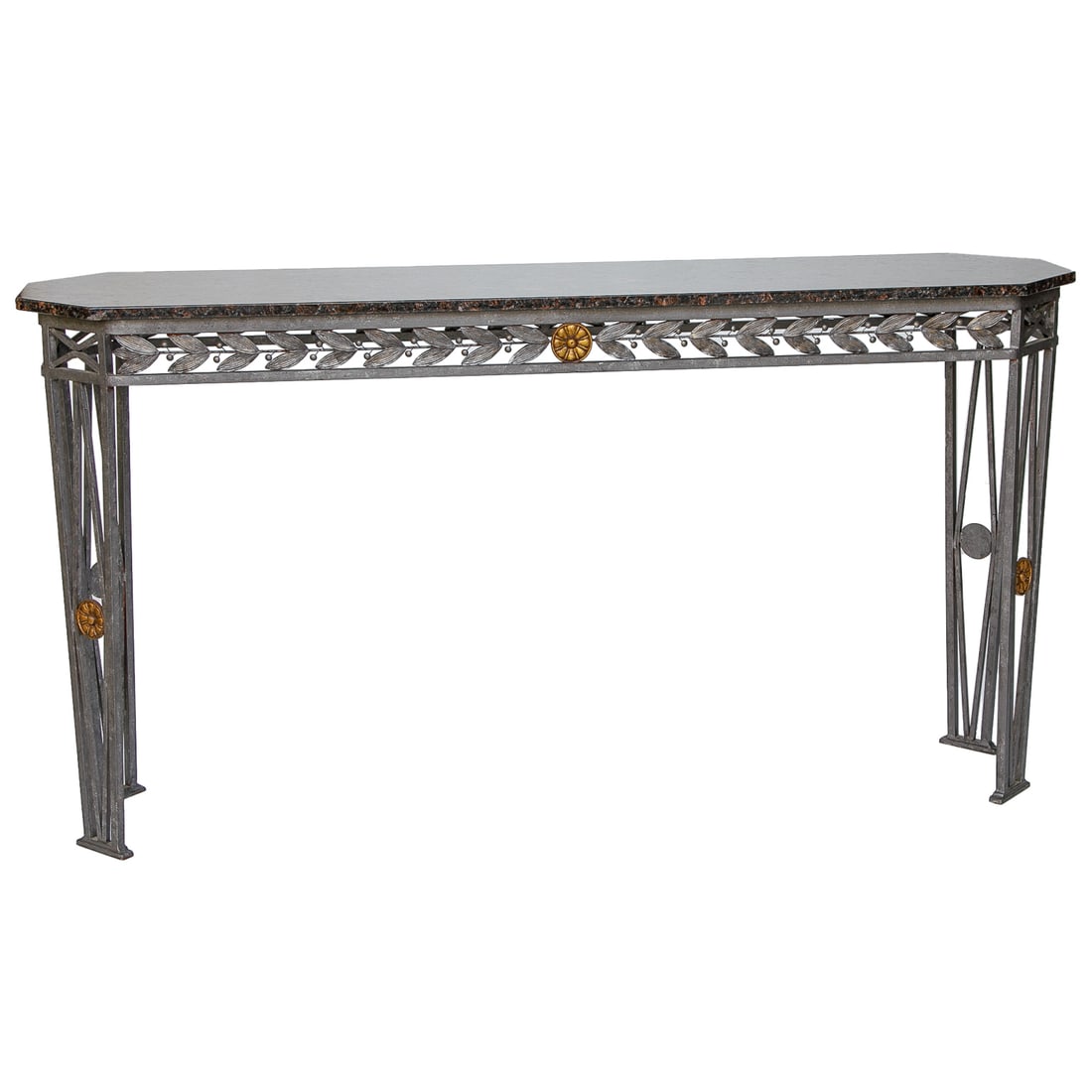 Vintage Metal Console Table with Granite Top: Vintage Metal Console Table with Granite Top, Having Stretched Octagonal Shape Granite Top, Leaf and Berry Design Pierced Frieze, Tapered Chamfered Corner Legs Featuring Floral Circular Center Design,