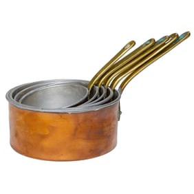 Vintage DD Brevete French Copper Sauce Pans, Five Total