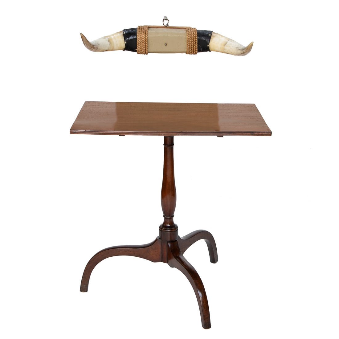 Vintage Mahogany Side Table and Mounted Steer Horns, Two Total Items: Vintage Mahogany Side Table and Mounted Steer Horns, Two Total Items, Includes Antique Victorian Style Mahogany Rectangular Side Table, Turned Center Columnar Support, Resting on Arched Legs, 26.5"