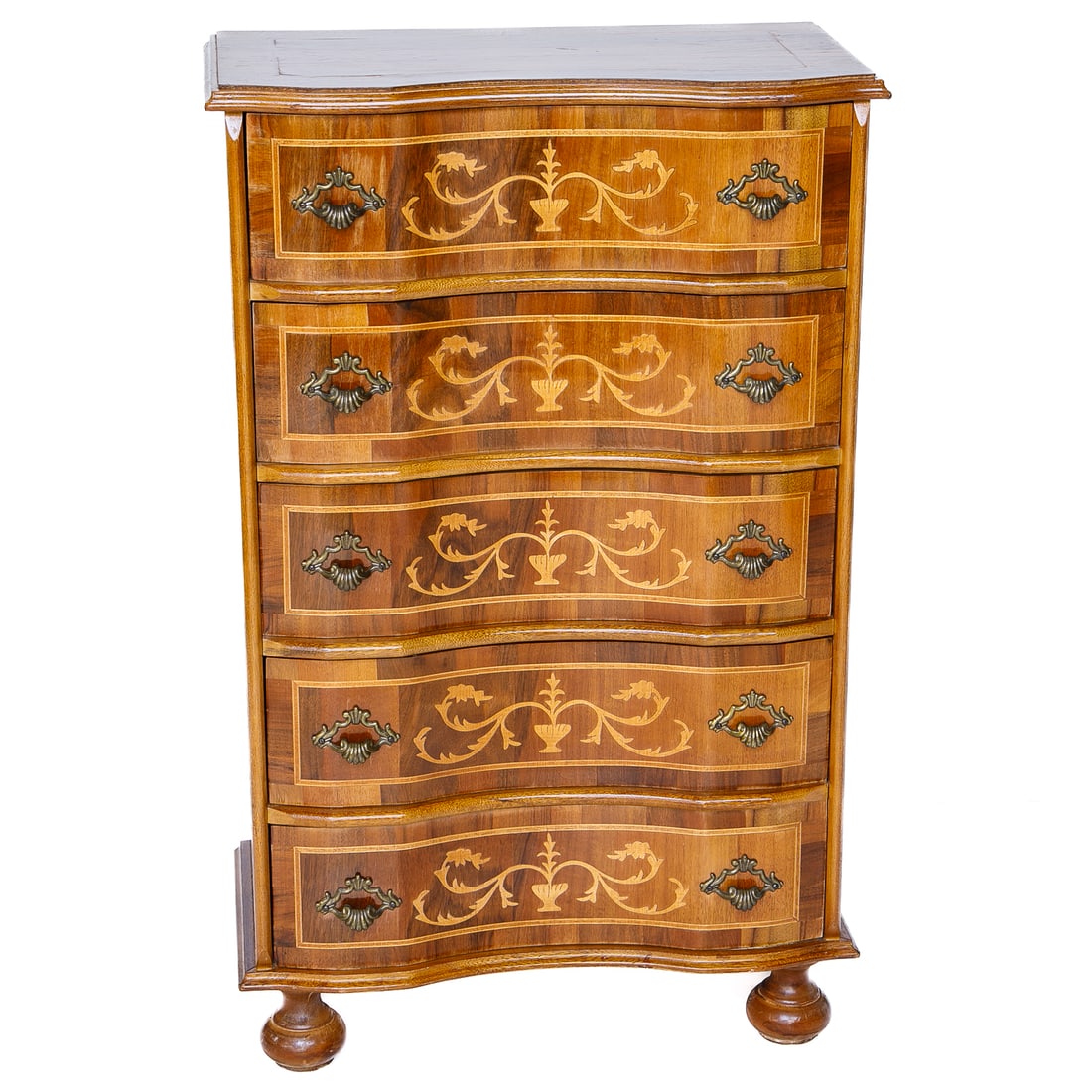 Vintage Italian Style Inlaid Walnut Chest: Vintage Italian Style Inlaid Walnut Chest, Having Shaped Top Featuring String Inlay Border, Five Shaped Front Drawers, All Featuring Urn and Leaf and Vine Inlaid Fronts, Brass Pulls and Inlaid