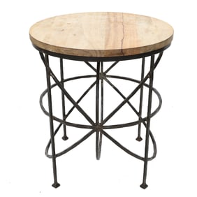 Unique Round Wrought Iron Side Table with Bleached Oak Top