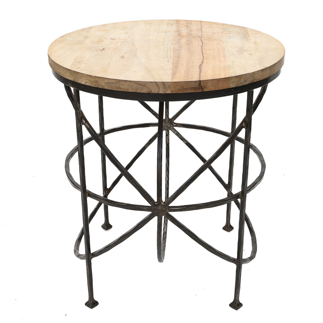 Unique Round Wrought Iron Side Table with Bleached Oak Top: Unique Round Wrought Iron Side Table with Bleached Oak Top, Having Spherical Shaped Iron Base Resting on Square Feet. 27" High, 24" Diameter