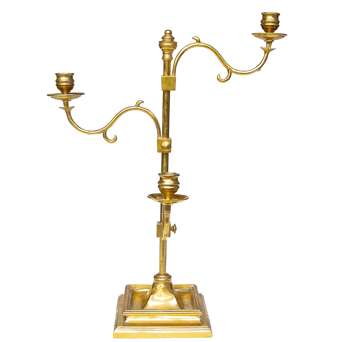 Vintage Brass Three Branch Candelabra: Vintage Brass Three Branch Candelabra, Having Finial Top, Three Adjustable Scroll Form Branches, Ridged Cups, Plain Bobeches, Resting on Square Plinth Style Base. 21.5" High, 16.5" Wide, 12" Deep