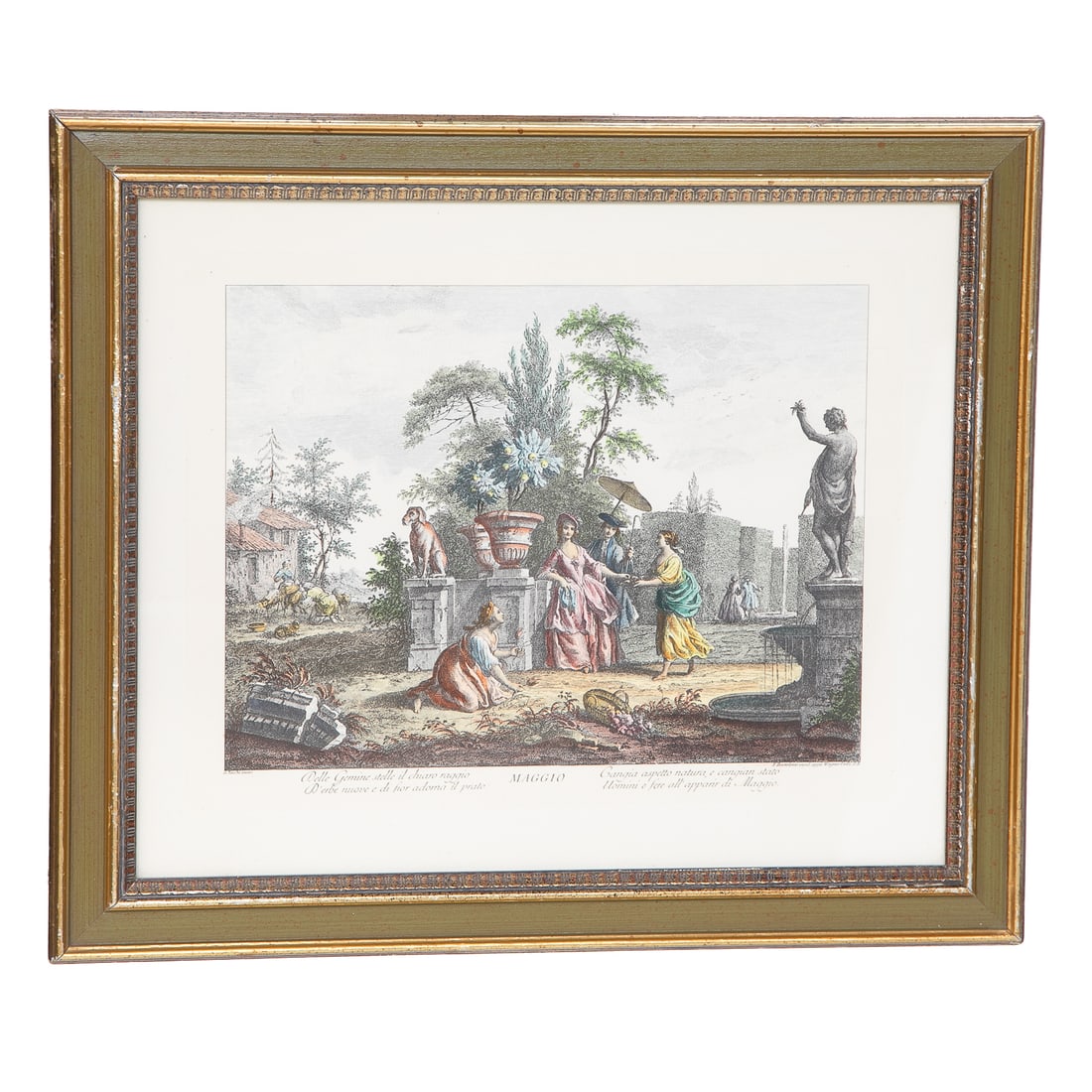 Guiseppe Zocchi Color Tinted Framed Prints, Pair: Guiseppe Zocchi Color Tinted Framed Prints, Pair, Depicting the Months of May and September, May Depicts Females in Courtyard with Male Assisting with Sun Umbrella, September Depicts Grape