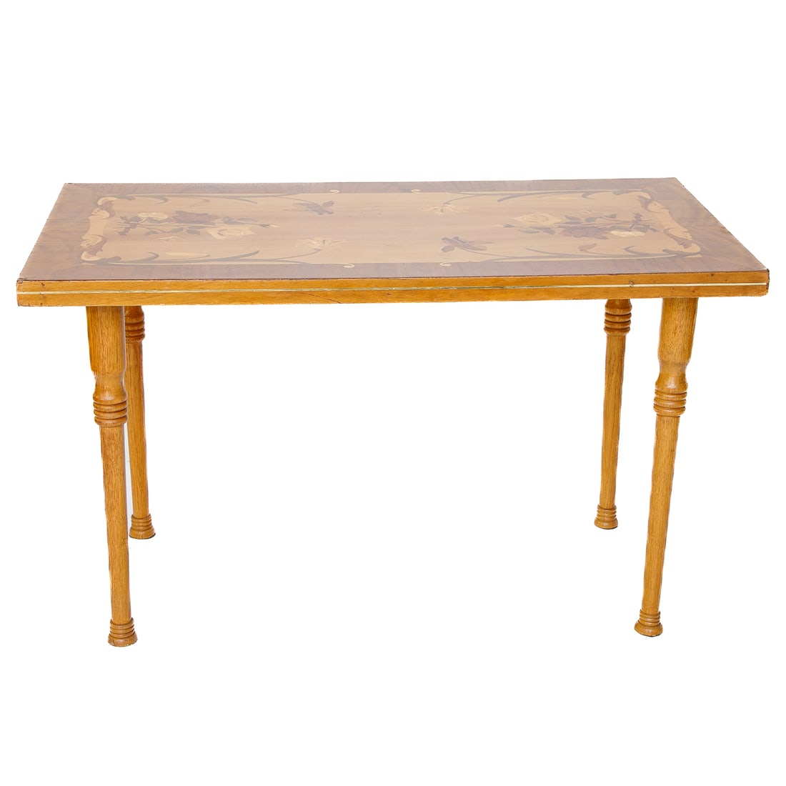 Vintage Italian Style Inlaid Accent Table: Vintage Italian Style Inlaid Accent Table, Rectangular Multi Wood Inlaid Top Featuring Inlaid Flowers and Leaves, Gold Metal Accents on Sides, Resting on Turned Oak Legs. 25.5" High, 43.5" Wide, 24"