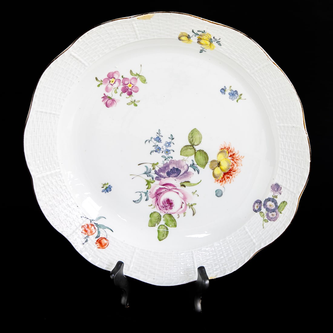 Late 19th/Early 20th C. German Meissen Circular Charger: Late 19th/Early 20th C. German Meissen Circular Charger, Featuring Basket Weave Border, Gold Rim, Center Features Multi Color Floral Designs, Marked on Bottom. 2.5" High, 13.5" Diameter