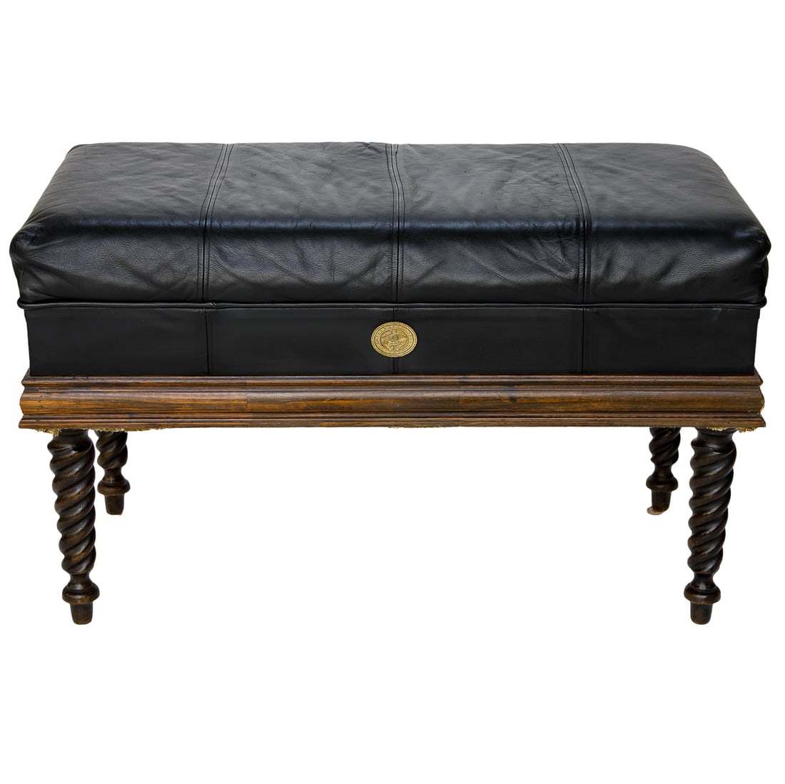 Ebony Leather Lift Top Stool: Ebony Leather Lift Top Stool, Having Ebony Leather Pillow Top, Hinged Top Reveals Interior Storage Compartment, Brass Escutcheon, Atop Molded Base, Resting on Twisted, Turned, Tapered Legs,
