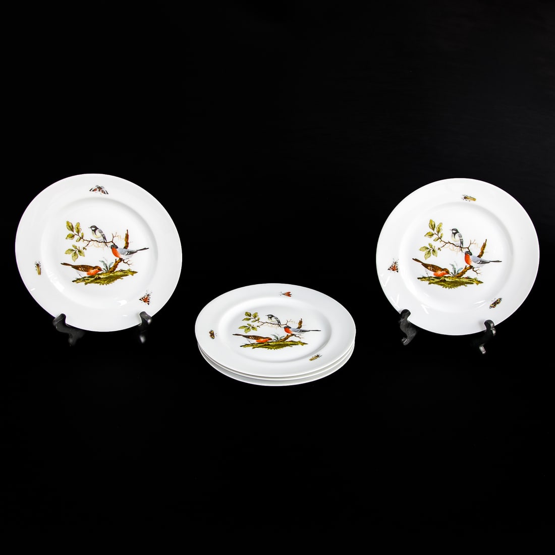 Vintage Limoges France Porcelain Bird Plates, Five Total: Vintage Limoges France Porcelain Bird Plates, Five Total, Depicting Three Birds in Center, Insects on Border, Marked on Bottom. .5" High, 7.5" Diameter