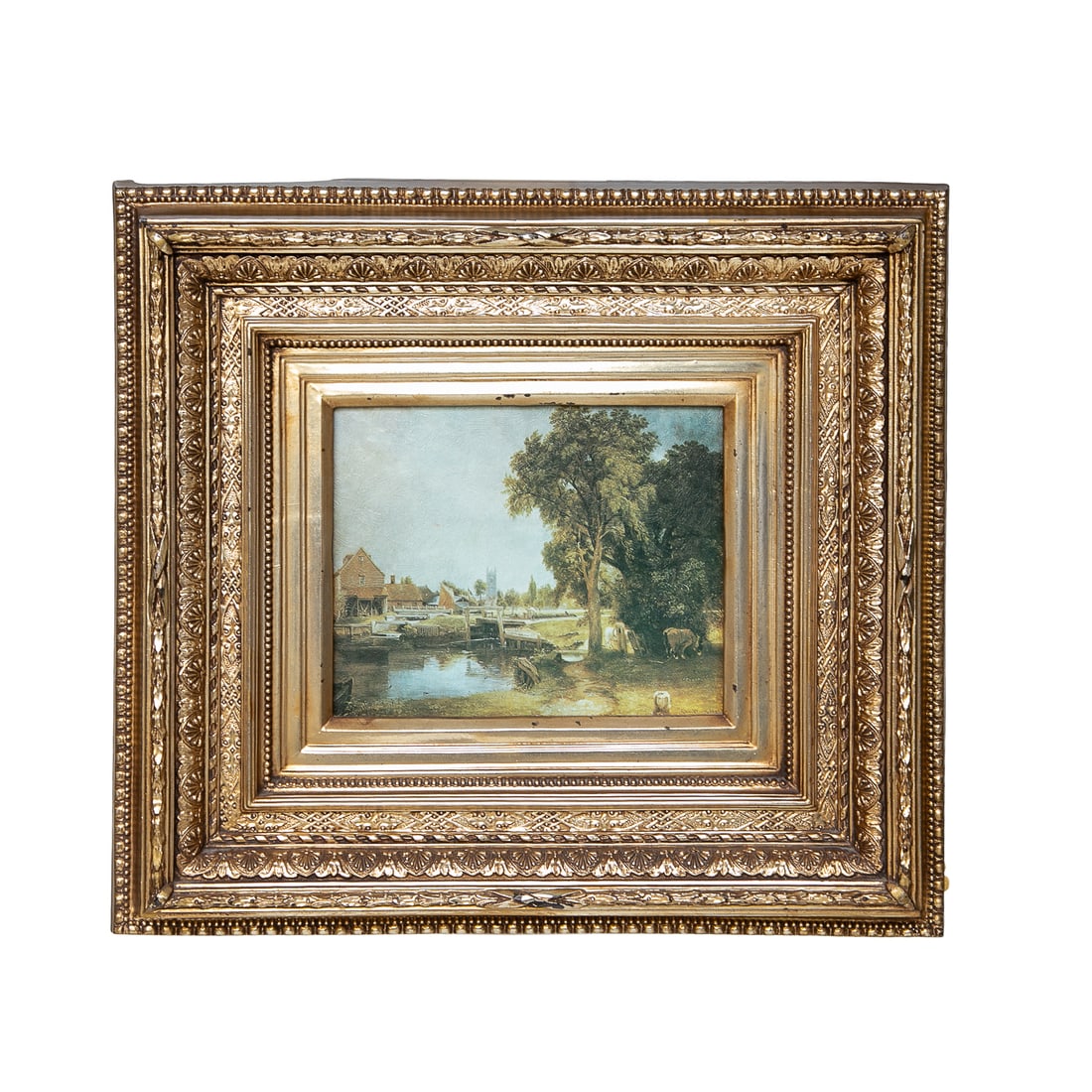 Landscape Scene, Vintage American Made Turner Manufacturing Company Wall Accessory, Depicting Dedham: Landscape Scene, Vintage American Made Turner Manufacturing Company Wall Accessory, Depicting Dedham Hill, Housed in Gold Leaf Frame Featuring Many Ornately Carved Borders. 18.5" High, 20.25" Wide,