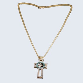 18K Yellow Gold Natural Diamond and Emerald Cross Pendant
