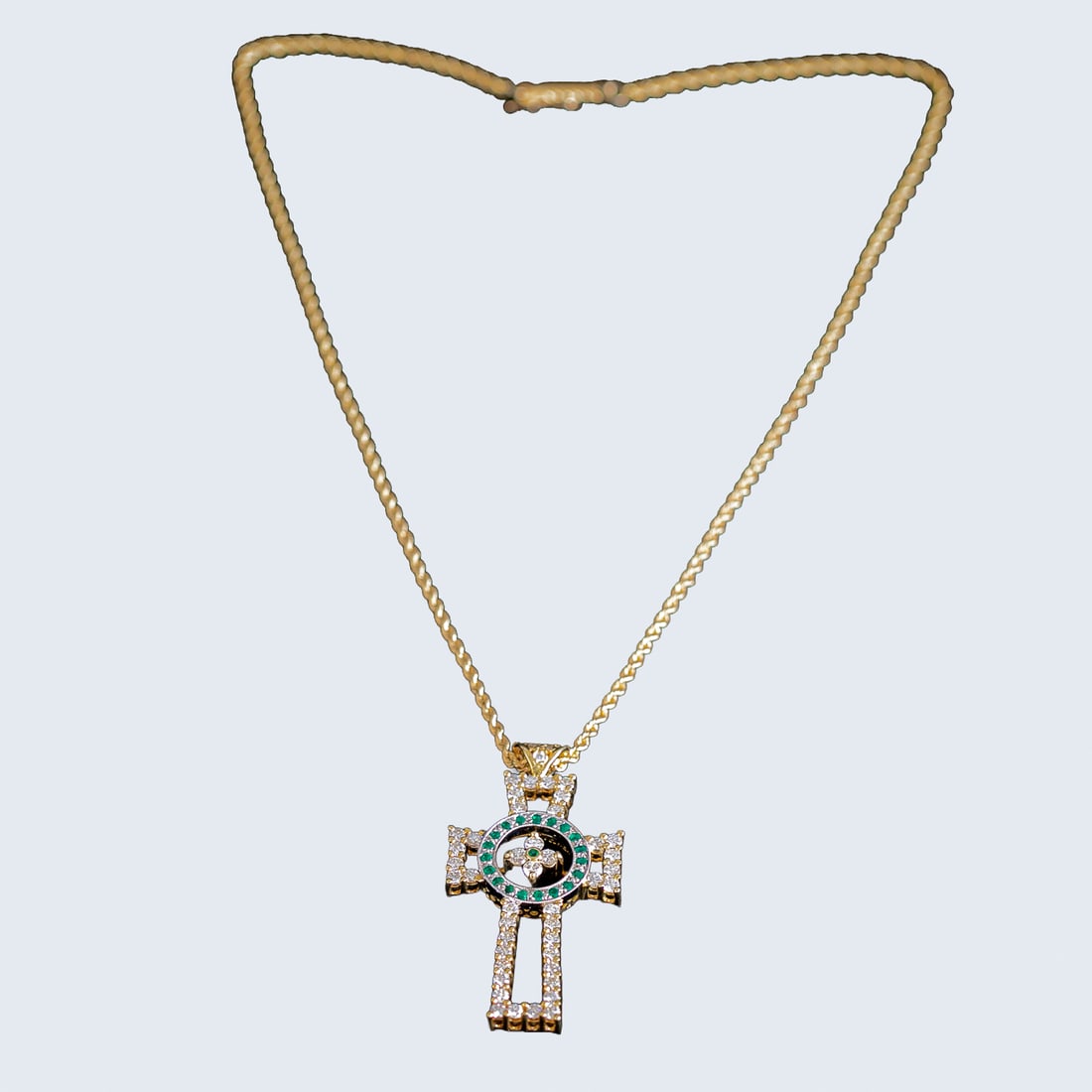 18K Yellow Gold Natural Diamond and Emerald Cross Pendant: 18K Yellow Gold Natural Diamond and Emerald Cross Pendant, Consisting of Fifty (50) Natural Round Diamonds Weighing 2.05 Carats and Twenty (20) Natural Round Emeralds Weighing .40 Carats. Cross