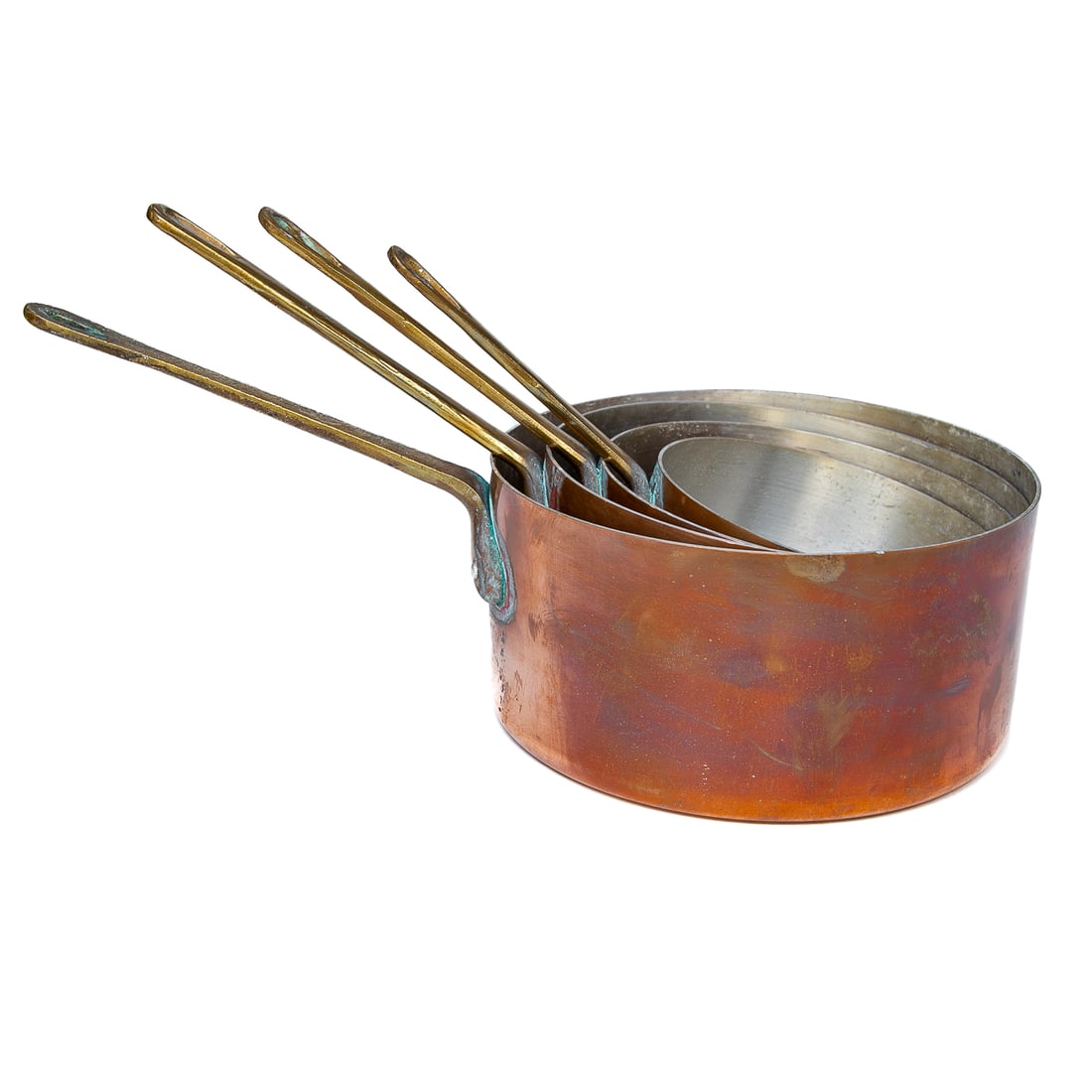 Vintage French Copper Graduating Saucepans, Four Total (1 of 5)