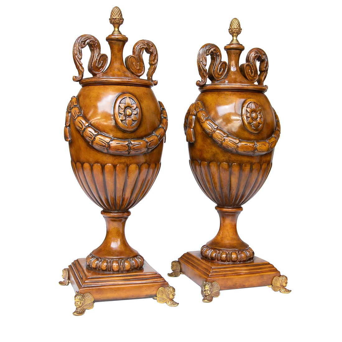 Vintage Maitland-Smith Carved Wood Capped Urns, Pair (1 of 6)