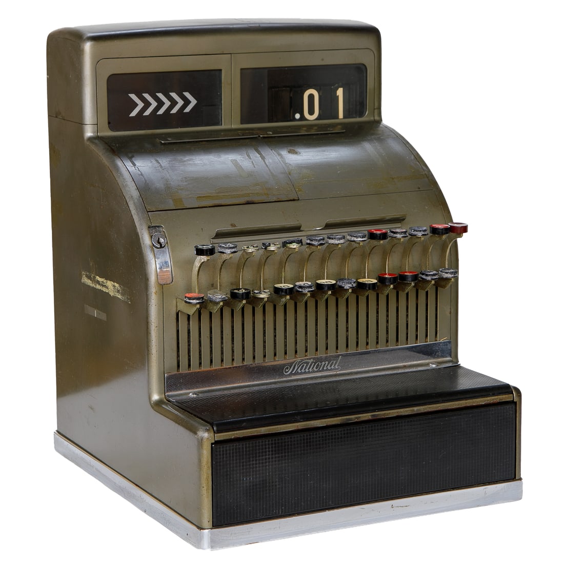 Early 20th C. National Cash Register Co. Art Deco Style Cash Register: Early 20th C. National Cash Register Co. Art Deco Style Cash Register, Having Streamlined Steel Case, Glass Display Window with Arrow Indicators and "No Sale" Function, and Original Pull-Out Cash Draw