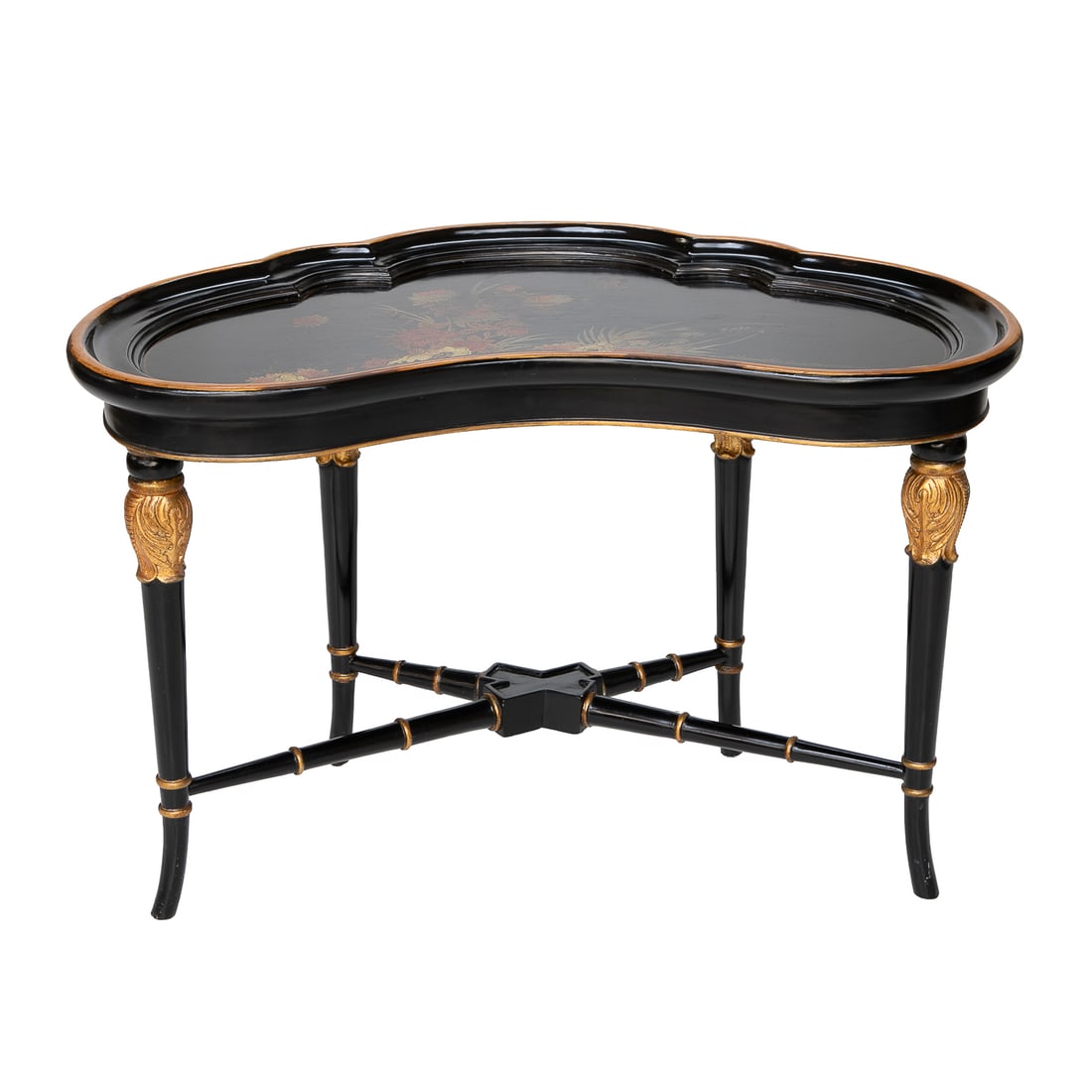 Vintage Maitland-Smith Black Lacquered Kidney Shape Coffee Table: Vintage Maitland-Smith Black Lacquered Kidney Shape Coffee Table, Discontinued, Having Kidney Shape Tray Top Featuring Gold Edge, Multi Color Floral Designs in Center, Molded Frieze Featuring Gold Edg