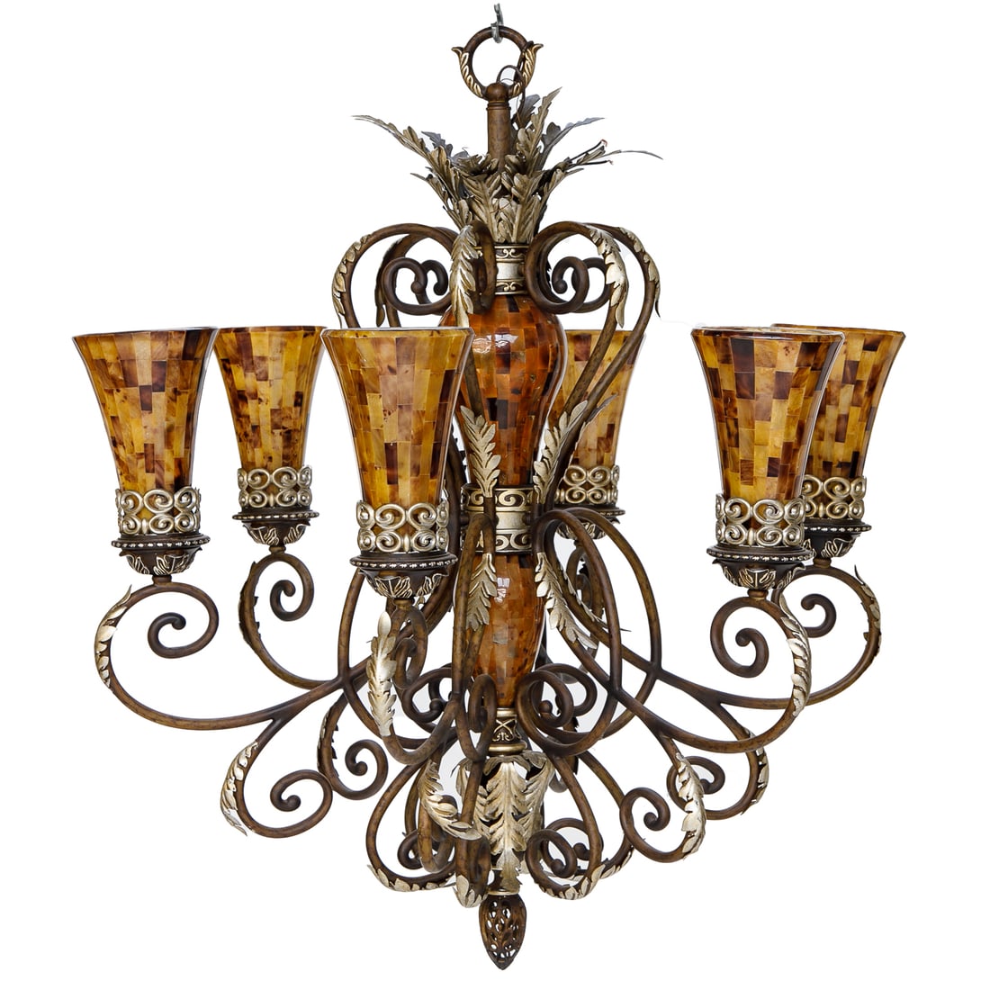 Vintage Maitland-Smith Metal and Pin Shell Chandelier: Vintage Maitland-Smith Metal and Pin Shell Chandelier, Discontinued, Having Leaf From Top, Urn Shape Pinshell Center Support, Surrounded by Scroll Form Sides Featuring Silver Acanthus Leaf Designs, Sc