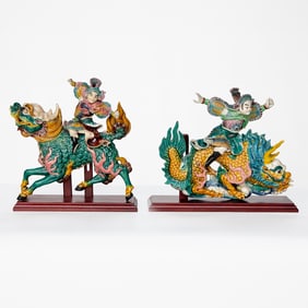 Vintage Chinese Glazed Terra Cotta Roof Tiles Depicting Warriors on Dragons, Pair