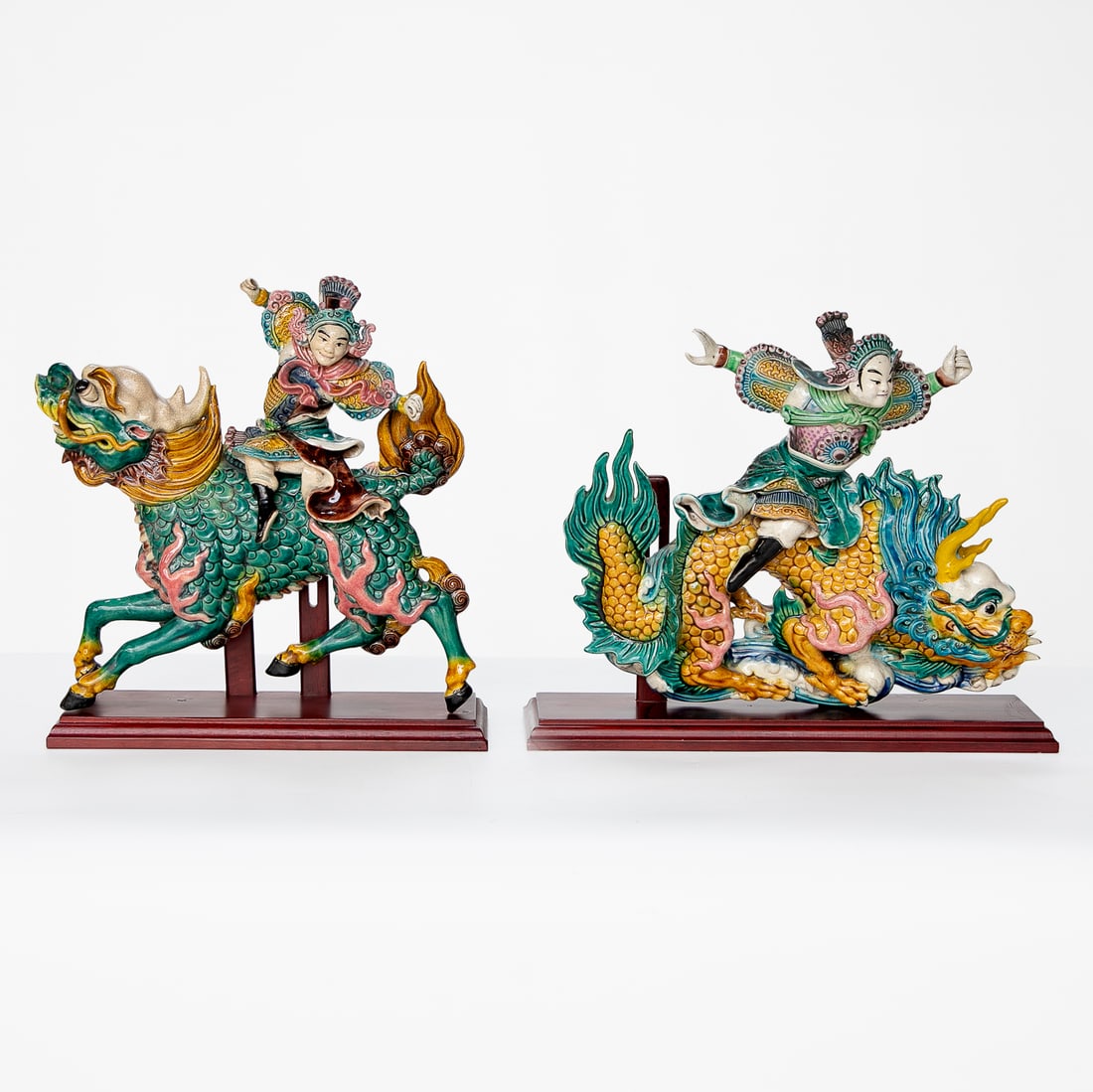 Vintage Chinese Glazed Terra Cotta Roof Tiles Depicting Warriors on Dragons, Pair (1 of 10)