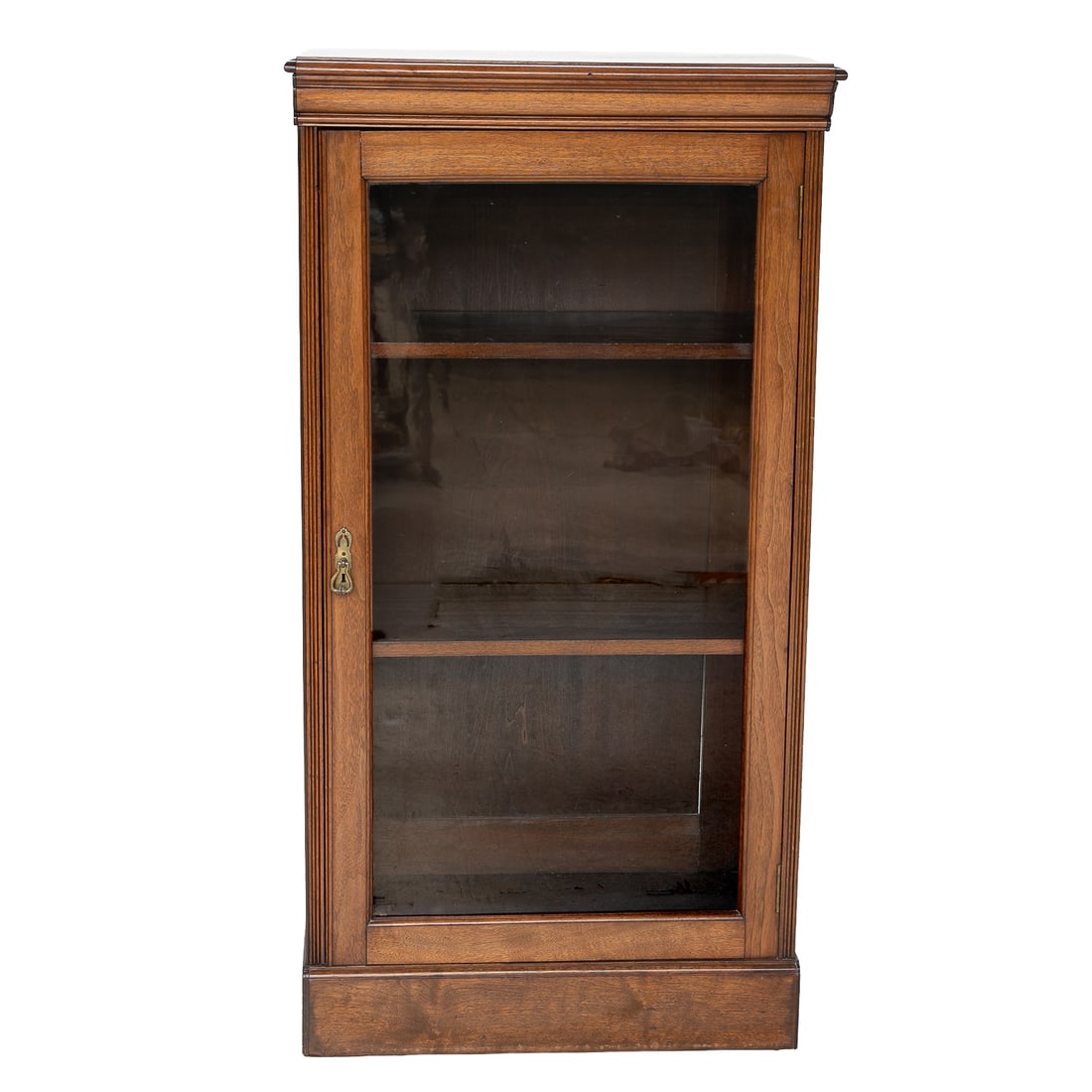 Vintage Walnut Glass Front Display Cabinet: Vintage Walnut Glass Front Display Cabinet, Having Molded Edge Top, Fluted Sides, Glass Front, Interior Reveals Two Wooden Adjustable Shelves, Resting on Base. 50" High, 26" Wide, 16.25" Deep